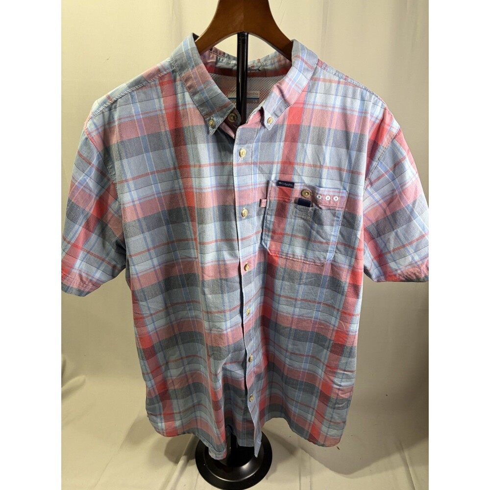 Columbia PFG Super Tamiami Shirt Mens L Plaid Short Sleeve Vented Fishing